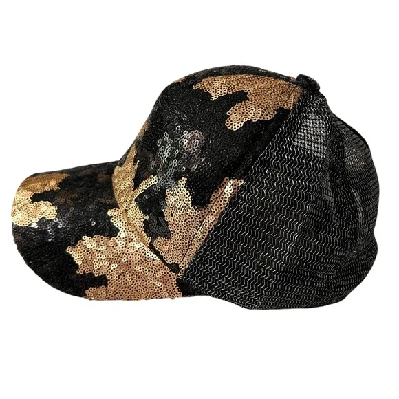 Beautiful Sequin Leaf Design Black and Gold Glam Cap, adjustable size - Picture 4 of 11
